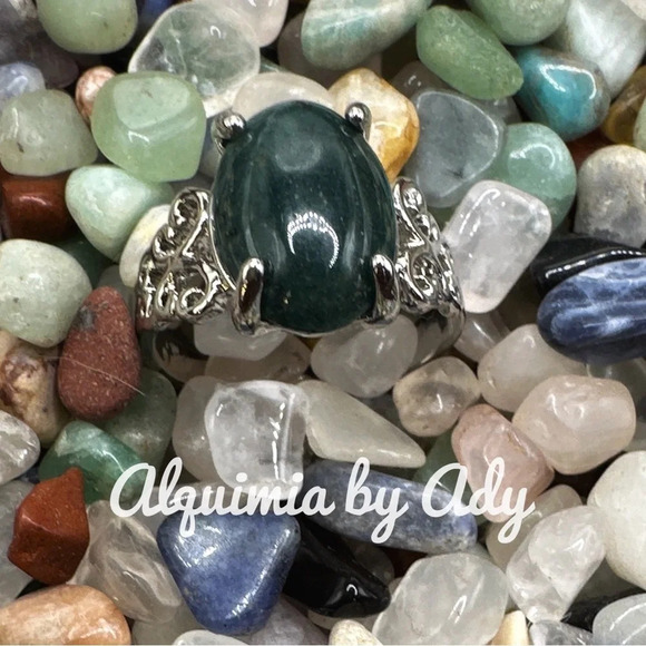 Moss agate silver Victorian ring/abundance for Gemini - Picture 1 of 5